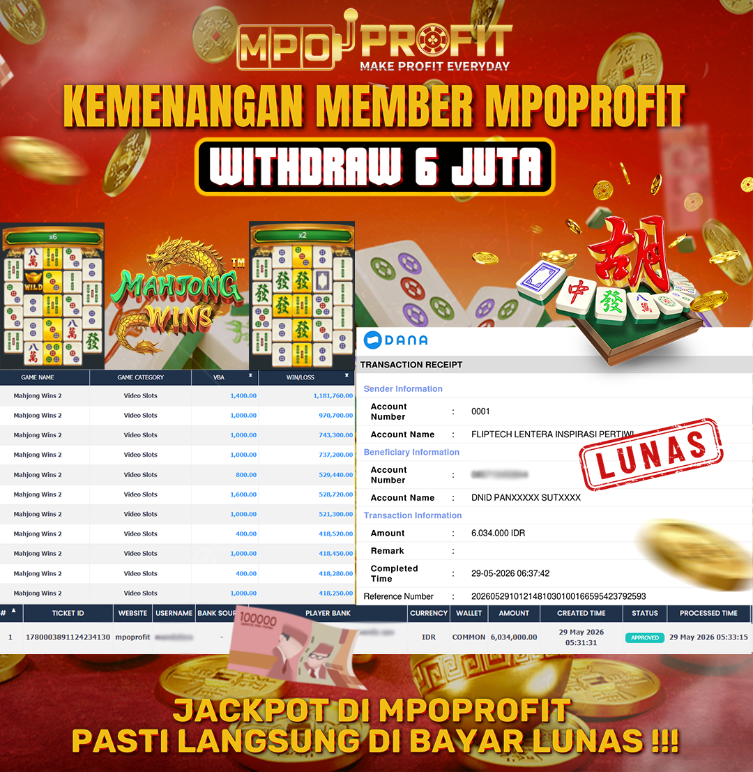 MPOPROFIT JACKPOT SLOT PRAGMATIC PLAY! KEMENANGAN MURNI DI (MAHJONG WINS 2 TOTAL Rp 6.034.000,- LUNAS)